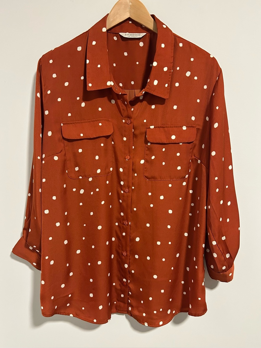 Liverpool Los Angeles Maple Red Polka Dot Button Up Blouse, *Large